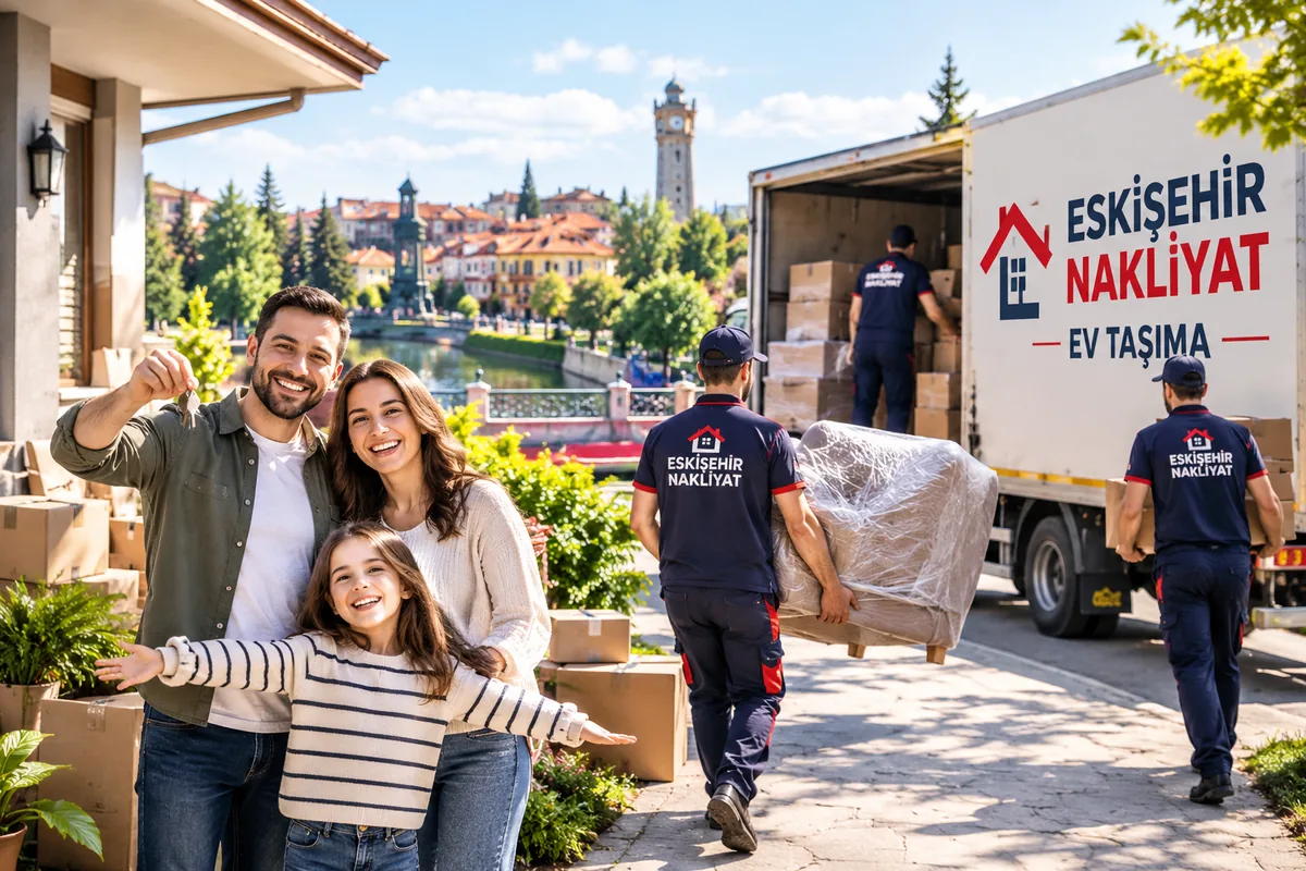 Eskişehir'de Kışın Taşınmak: Soğuk ve Karlı Havada Taşınma Rehberi – yeni evine kavuşan aile ve eşyaları taşıyan nakliye ekibi